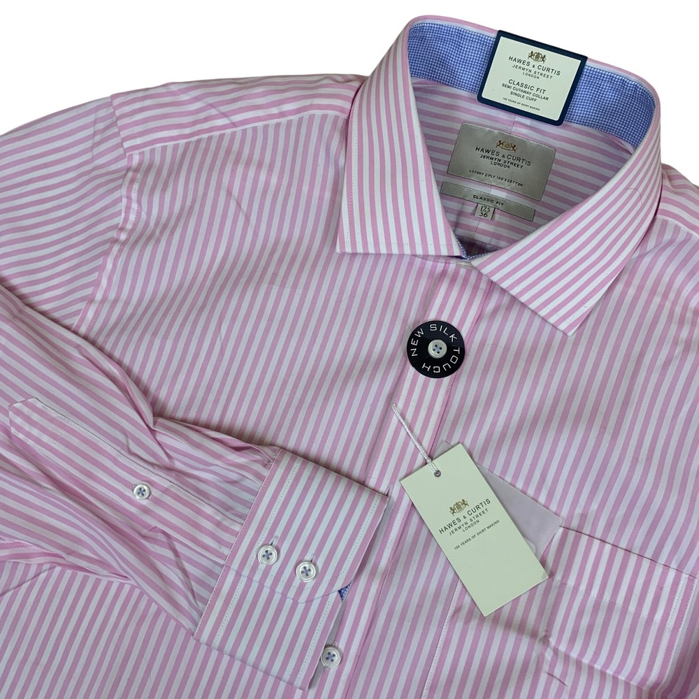 Hawes & Curtis Pink White Stripe Silk Touch Dress Shirt 17.5 36 Classic Fit NEW